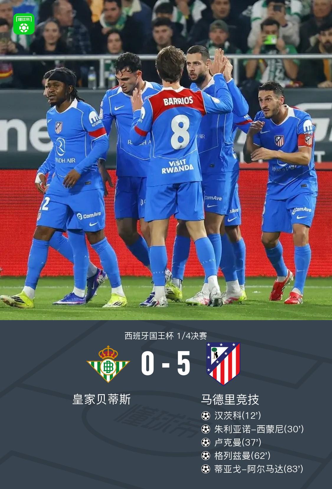 kaiyun-国王杯马竞5-0贝蒂斯晋级4强，卢克曼首秀传射，格列兹曼破门